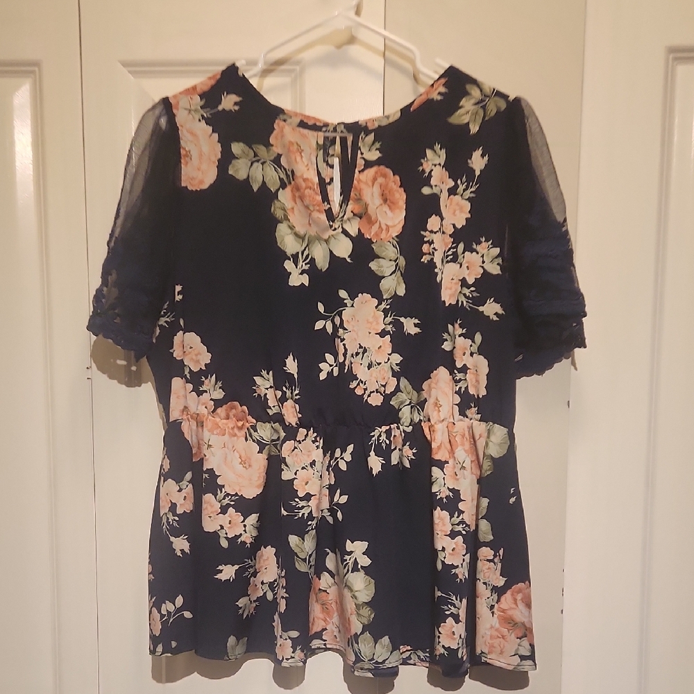 Navy Floral Peplum Top
